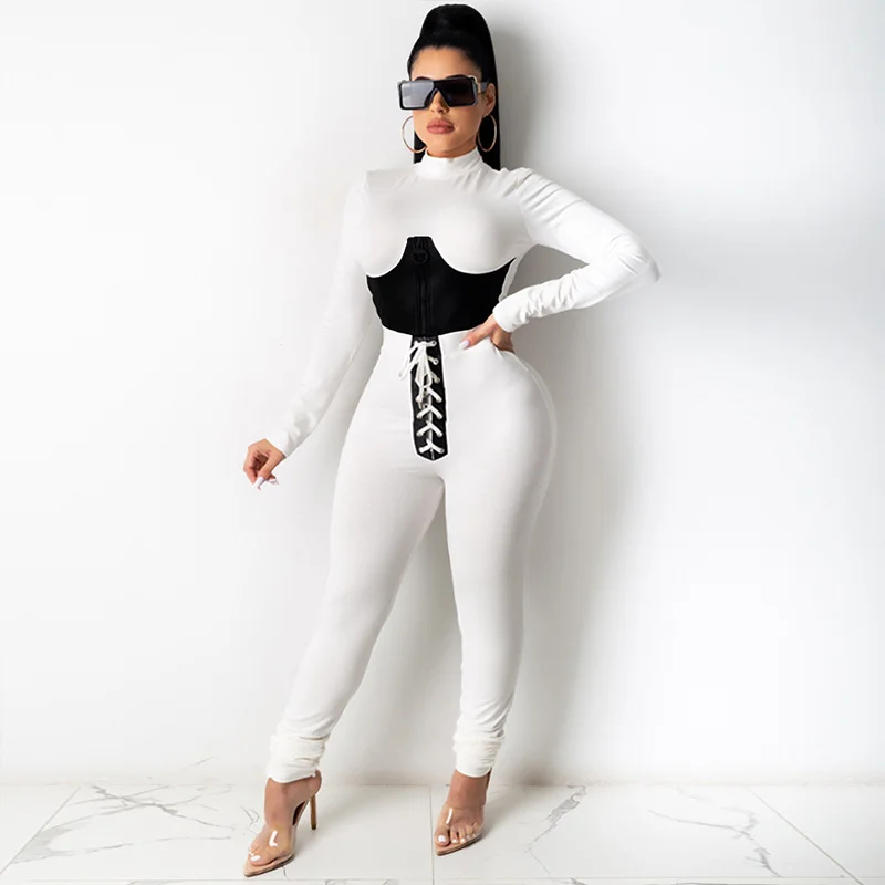 

Casual Elastic Sporty 2 Piece Set for Women Matching Sets Long Sleeve Patchwork Top+Skinny Pants Sets Streetwear Jog Tracksuits