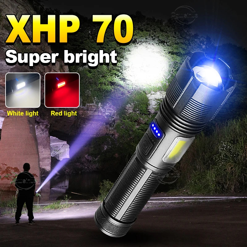 

2022 Новейшие светодиодные фонари высокой мощности 18650 Перезаряжаемые тактические фонари XHP70 Кемпинговый фонарь Супер мощный фонарик