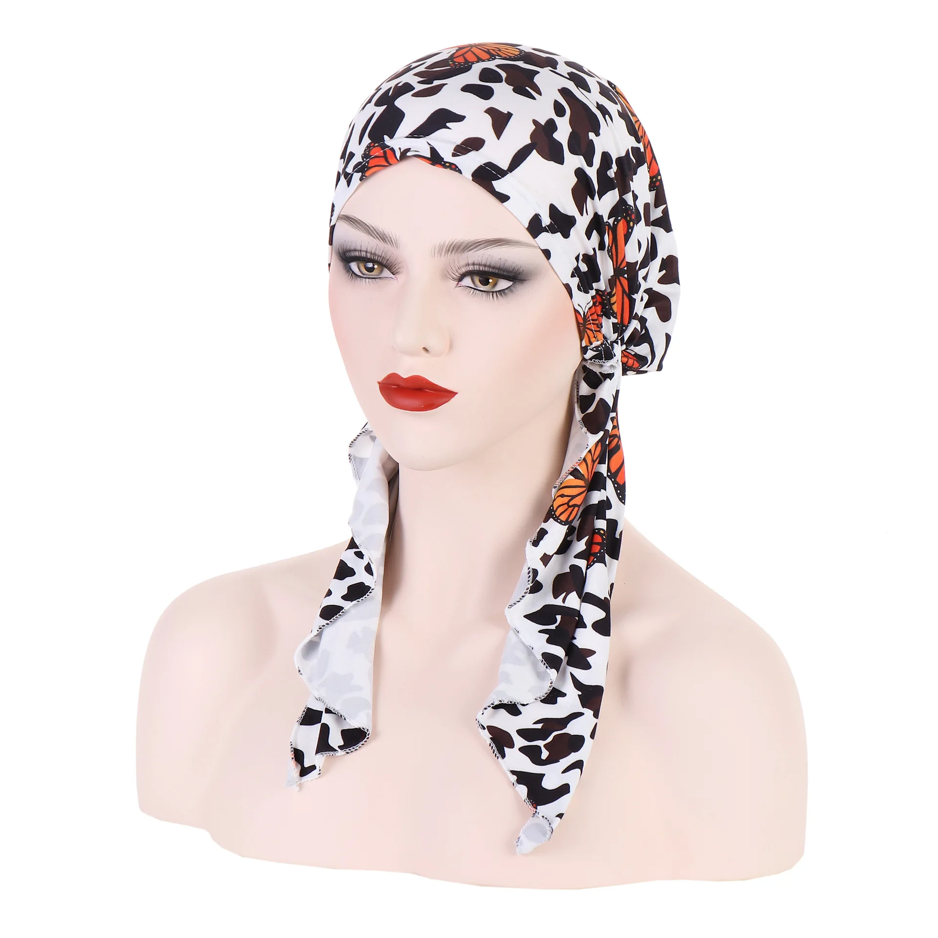 Satin Women Printed Pre-Tied Headscarf Elastic Muslim Turban Cancer Chemo Sleep Hat Hair Care Cover Head Wrap Headwear Bandana