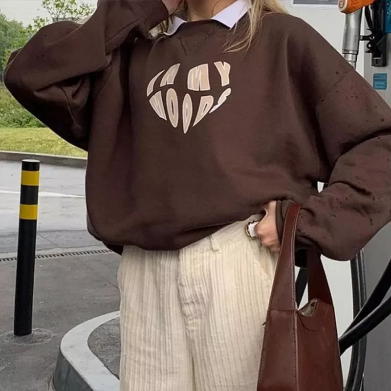 

y2k hoodies sudaderas sweatshirts Women Brown Vintage Y2K Heart Shape Printed Pullover Sweatshirts Autumn Korean Fashion O-Neck