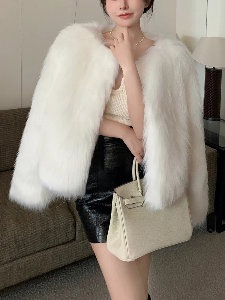 PERHAPS U Women Elegant Winter Fox Fur Faux Fur Leather O-Neck Double-faced Fur Single Breasted Wide-waisted Coat Outwear C3984