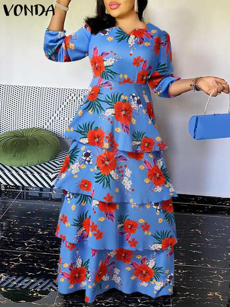 

VONDA Bohemian Women Maxi Long Dress 2023 Summer Vintage Floral Printed Ruffled Party Robe Casual V Neck Long Sleeve Pleat Dress