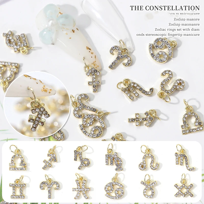 

12 Constellations Golden Alloy Nail Art Decorations 10Pcs 3D Strass Crystal Rhinestones Nail Art Decorations Metal Nail Charm JD