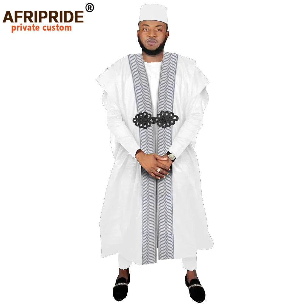 African Clothing for Men Agbada Robe Dashiki Shirt Print Pant Tribal Hat 4 Piece Set for Evening Wedding Suit AFRIPRIDE A2016021