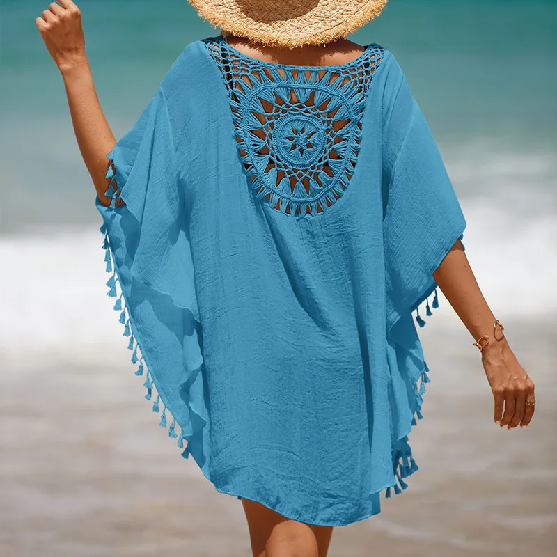 2023 New Beach Cover Up for Women Knitted Sunflower Beach Wear Solid Fringe Tunic Ladies White Bathing Suit Cover-ups Bikini Ups