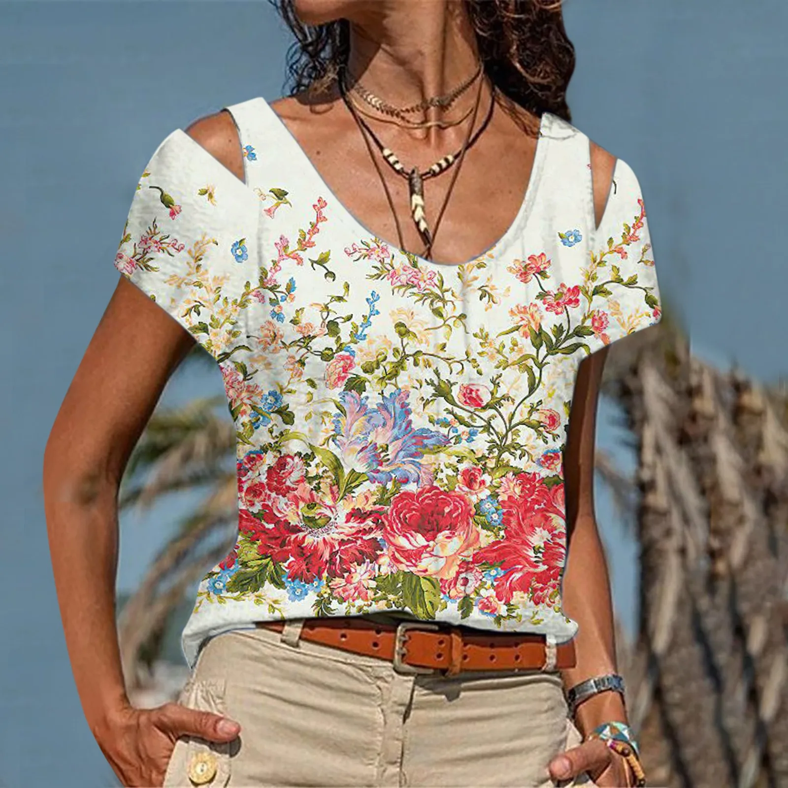 

Женская футболка с коротким рукавом, круглым вырезом и открытыми плечами