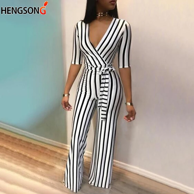 

Deep V Neck Sashes Jumpsuit Women Clubwear Pants Summer Autumn Casual Sexy Striped Jumpsuit Romper Overalls For Women Trousers