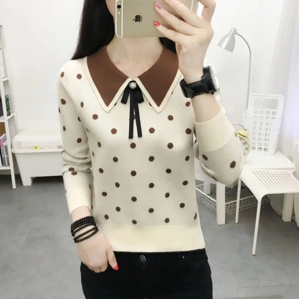 Пуловер женский в горошек теплая верхняя одежда для студенток приталенный