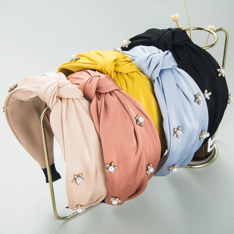 

New Fashion Solid Color Headband Knot Hair Hoop for Women Simple Cotton Fabric Cross Headwear Pearl Girls Hairband Accessories