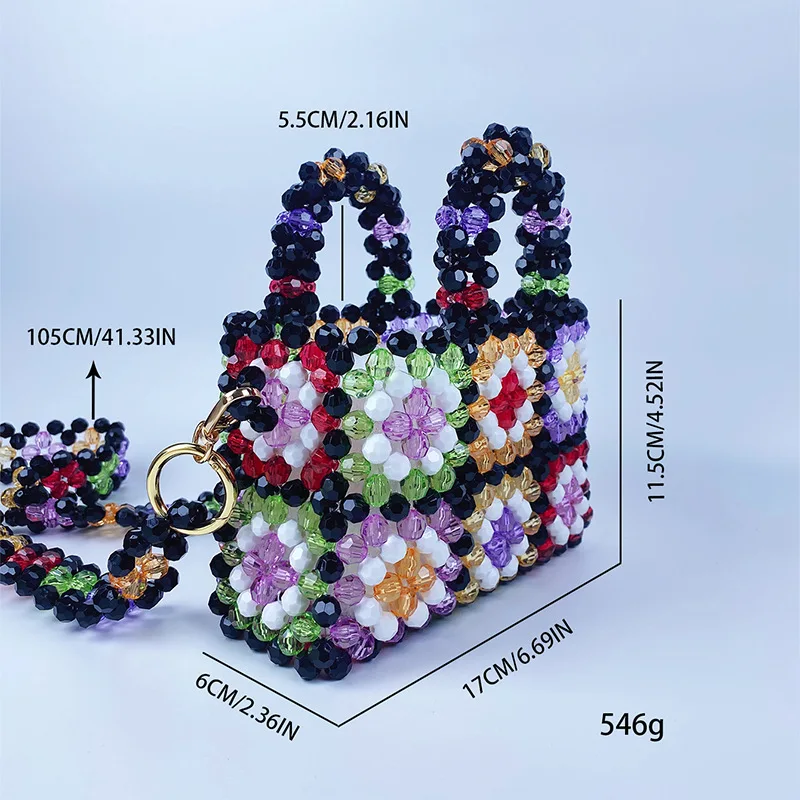 Colorful Acrylic Beaded Handbag Ethnic Style Hand-woven Contrast   Plaid Square Bag Chain Crossbody Bag Knitting Shopper Purses