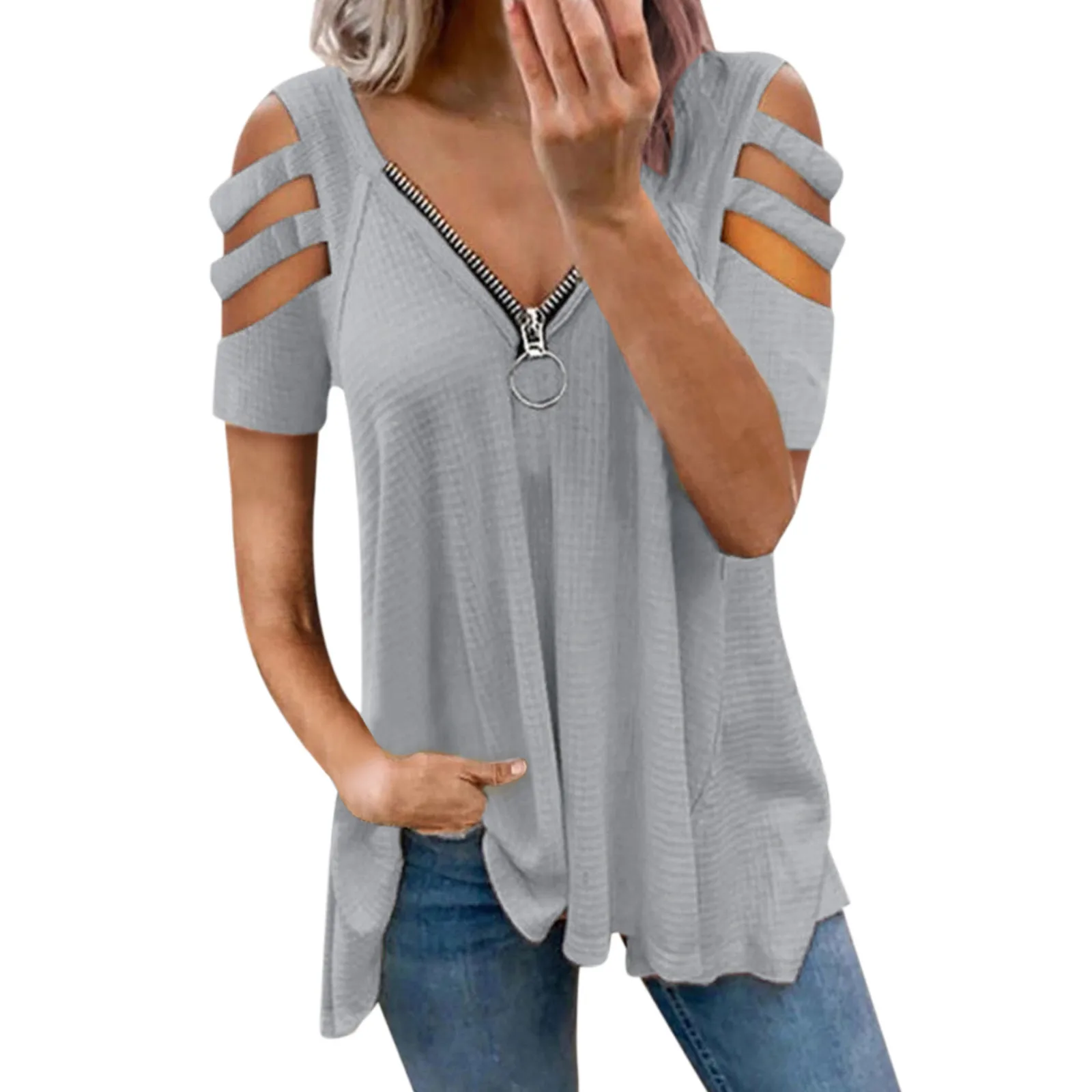 

Women Summer T Shirts Short Sleeve V Neck Tunic With Zipper Cold Shoulder Tops Tshirts For Women Manga Corta Camisetas