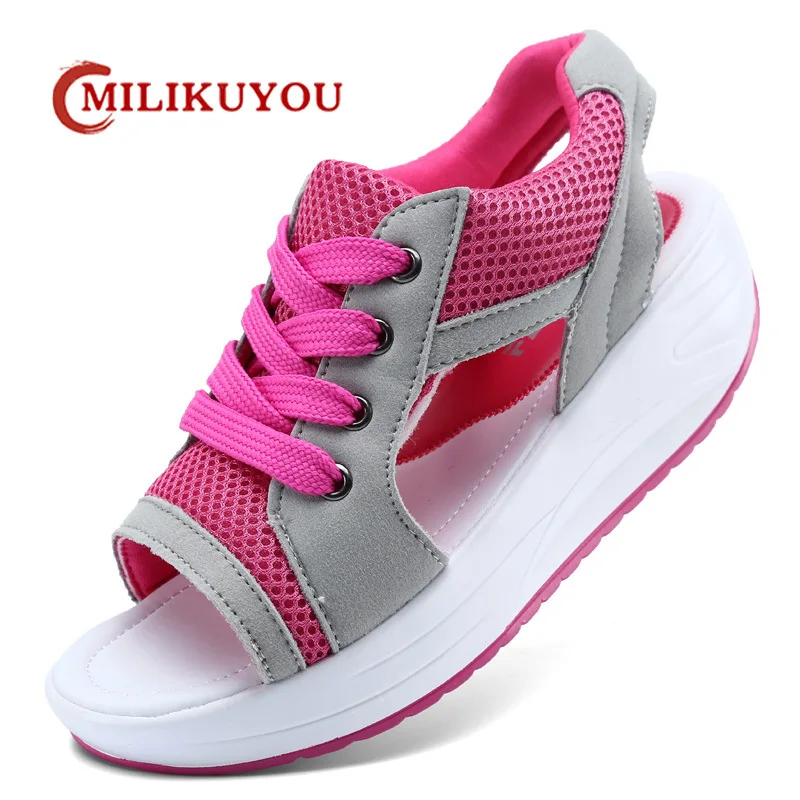 New in Sandals Women Summer Fish Mouth Open Toe Lace Up Women Sandals Fashion Breathable Mesh Casual Platform Shoes Female