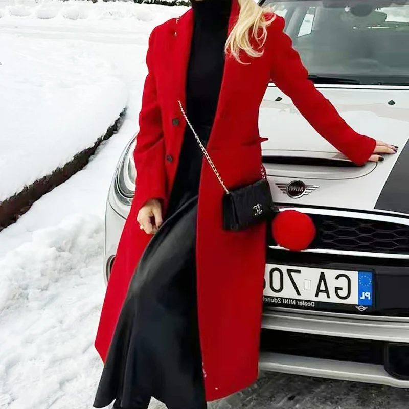 HXAO Женская твидовая длинная куртка в офисном женском стиле красного цвета с