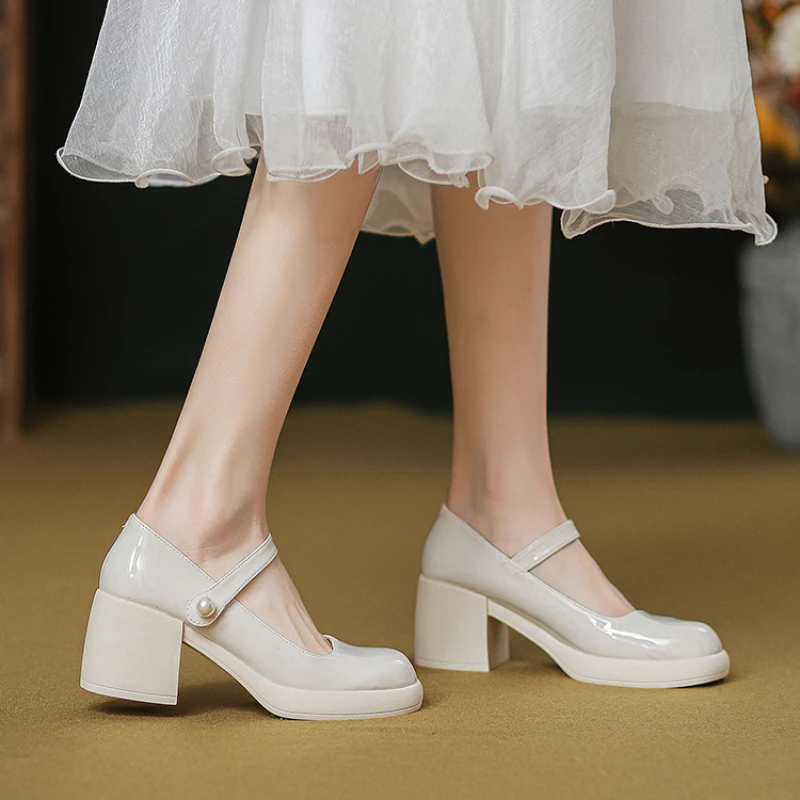 

2023New Spring and Autumn Leather Solid Thick Sole Platform High Heels Women's Pearl Shallow Mouth Mary Jane Single Shoes