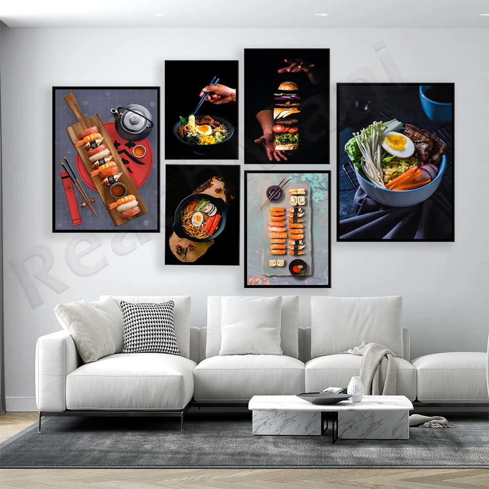 

Japanese cuisine sushi tea, sushi, ramen soup, hamburger, ramen noodles, delicious food decoration kitchen typographic poster