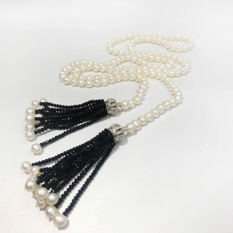 Natural Fresh Water Pearl Sweater Necklace Long Open Style Crystal Tassle As Belt For Women Fashion Jewelry Free Shipping