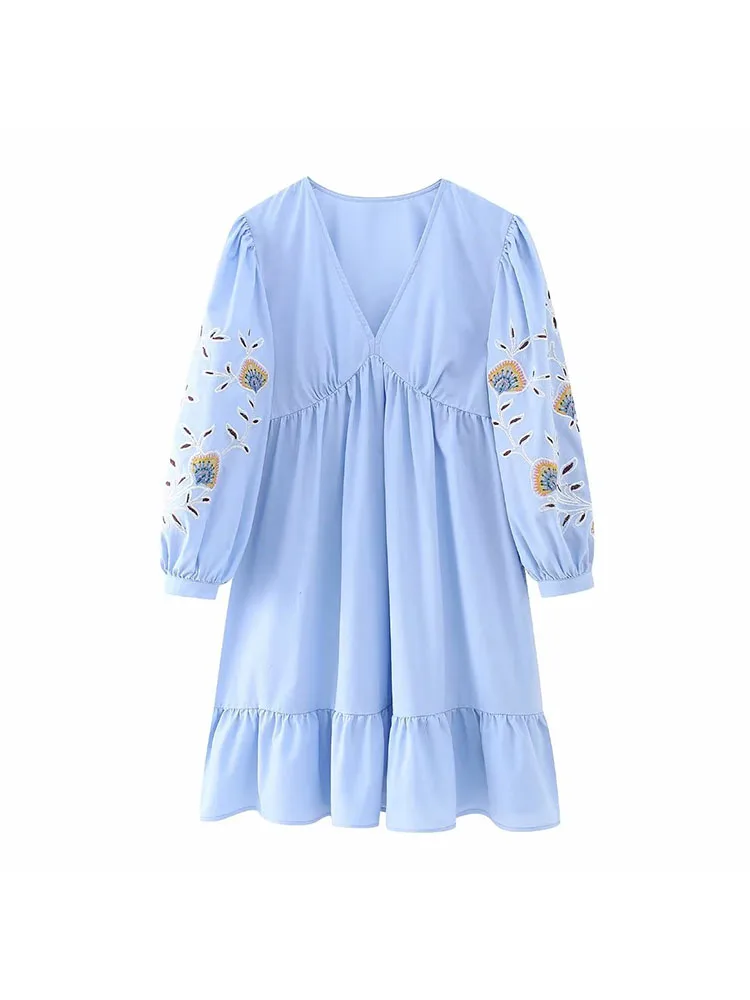 

Women 2023 Spring New Chic Fashion Embroidered Flax Mini Dress Vintage V Neck Long Sleeve Female Dresses Mujer