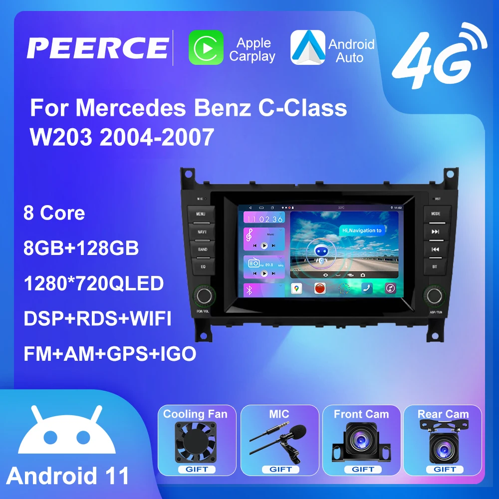 

Автомагнитола PEEREC DSP для Mercedes Benz C-Class W203/CLC, мультимедийный видеоплеер для CarPlay, AUTO SWC, 4G, 8 ядер, GPS, навигация, стерео, BT