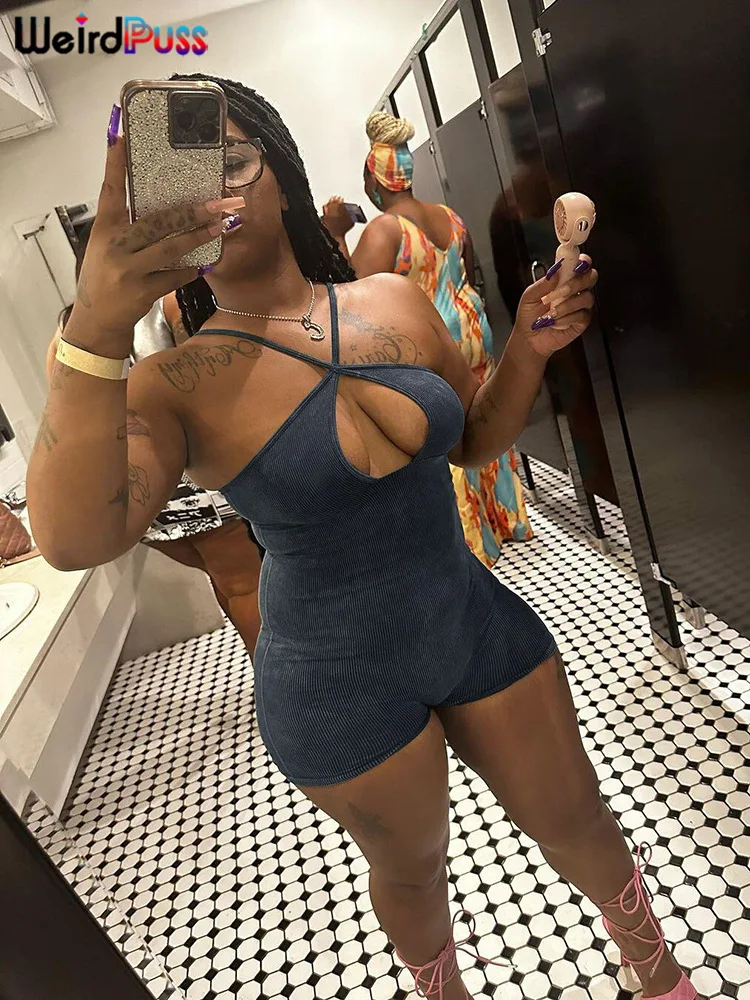 

Weird Puss Backless Hollow Sexy Playsuit Women Hipster Sleeveless Rib Skinny Tight Soft Fitness Rompers Elastic Solid Streetwear