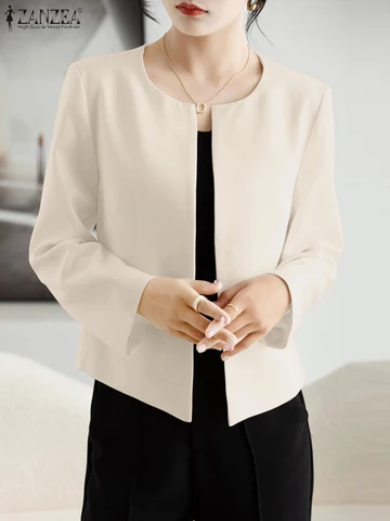 Женский кардиган ZANZEA, корейская мода, блузка с длинным рукавом и открытым спереди, Осенний Повседневный офисный Блейзер, костюмы, однотонная тонкая верхняя одежда, 2023