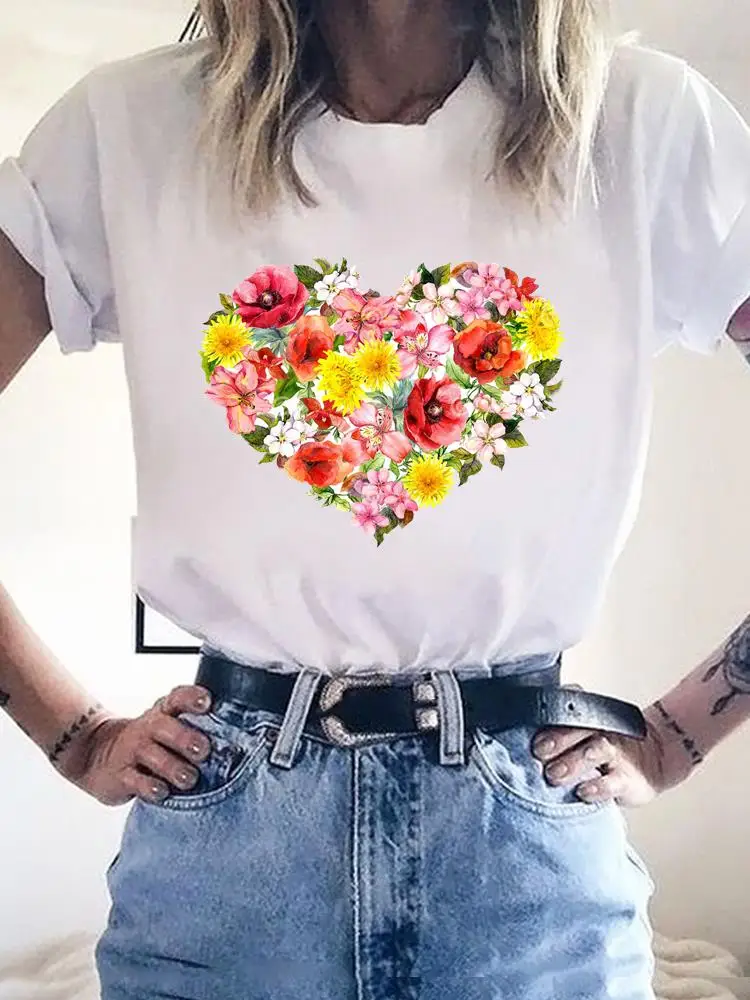 

Print T Shirt Basic Tee Women Clothing Fashion Short Sleeve Clothes Love Flower Love Trend Graphic T-shirt Summer Kawaii Top