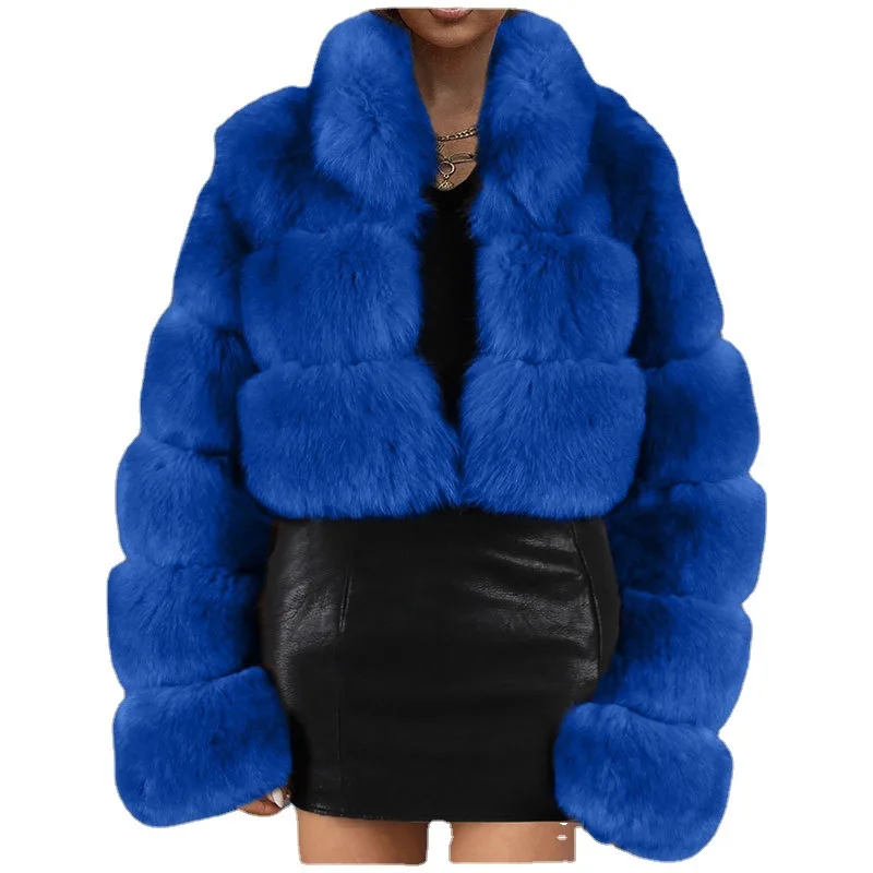 Winter Faux Fur Coat Women Fashion Plush Thermal Slim Fit Coat Women Casual Long Sleeve Turtleneck V-neck Stitching Korean Coat