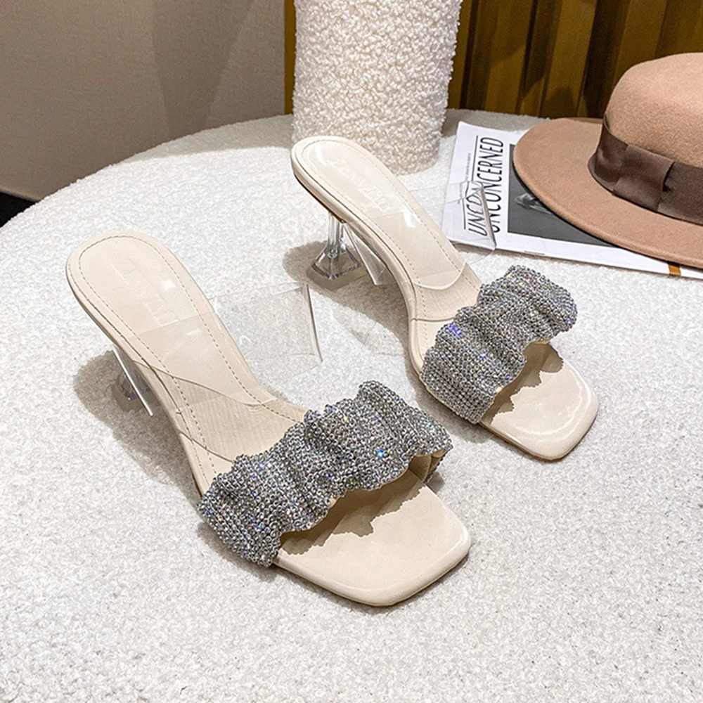 2022 New Summer Rhinestone Transparent Sandals Slippers Square Head High Heels Women Prom Leisure Slim Fit Durable