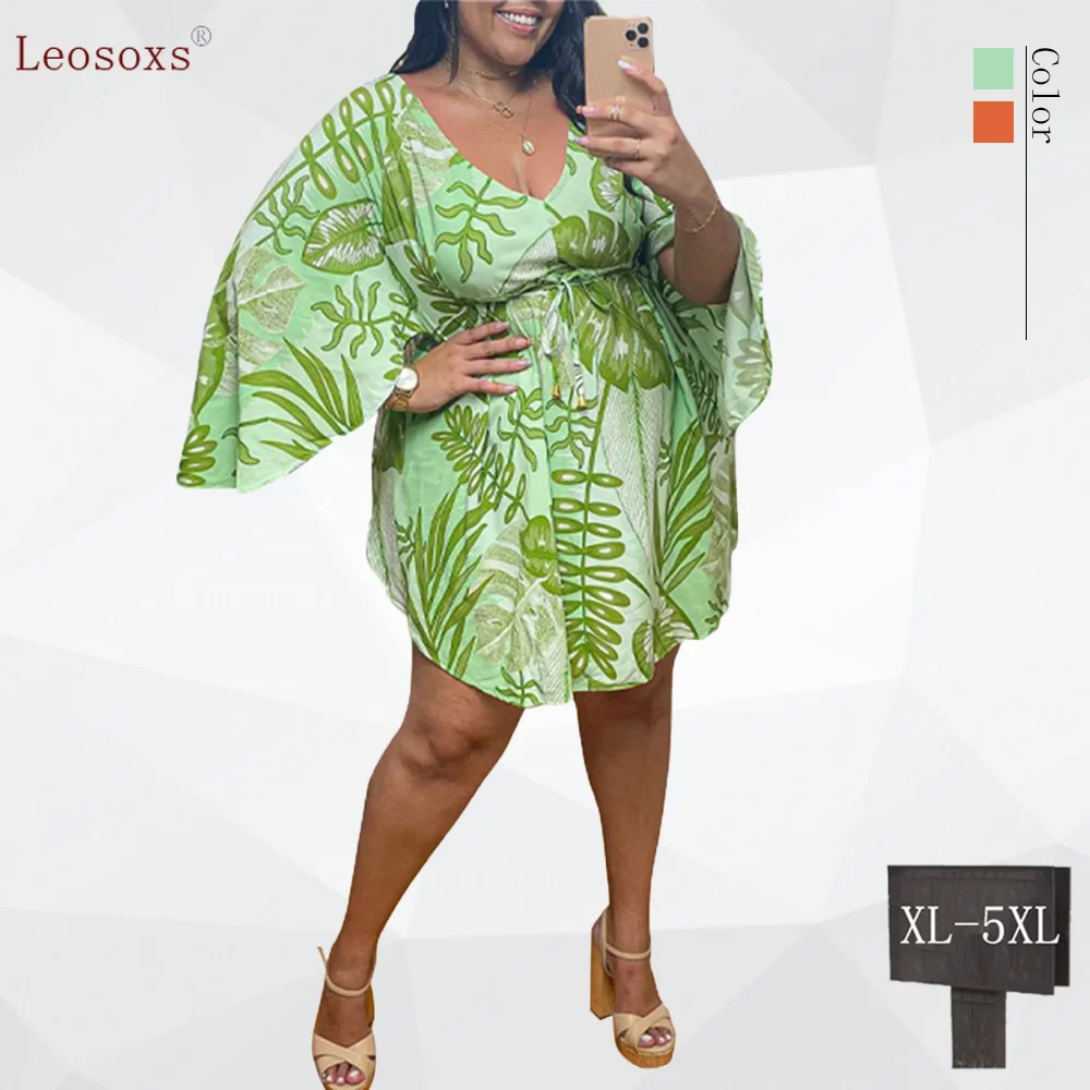 

Leosoxs V Neck 5XL Plus Size Dress Fashion Long Sleeve Beach Print Elegant Wide Hem Summer Dress Casual Streetwear Dropshipping