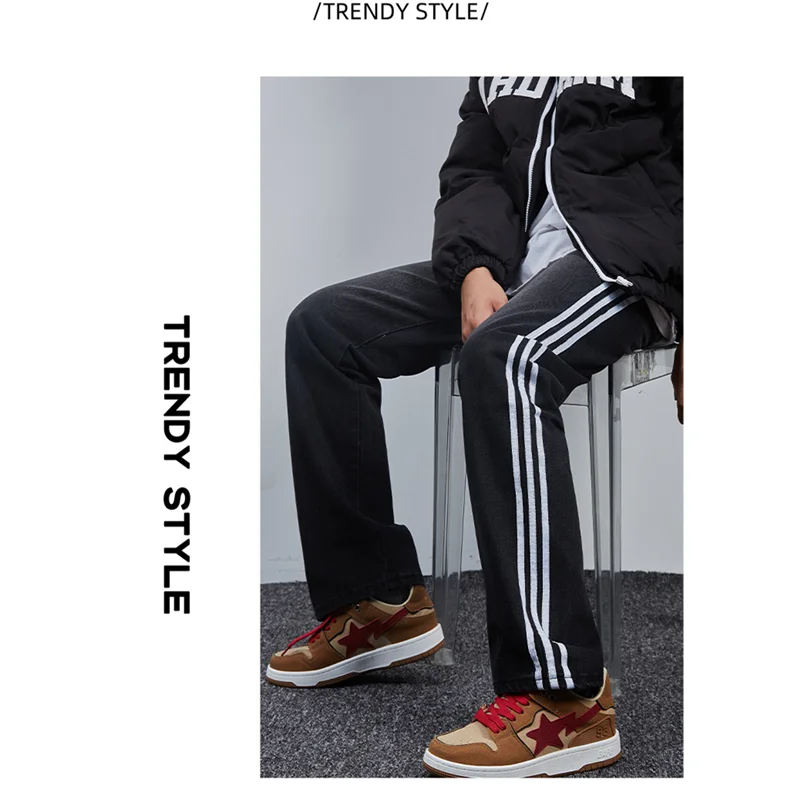Streetwear Men 2022 New Style Pattern Straight Cylinder  Black Jeans Recreational Stripe Loose Trousers Autumn and Winter Female
