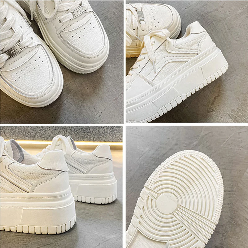 Casual Sneakers Women Splite Leather Patchwork Mixed Colors Lace-Up Round Toe 5cm Platform Shoes Lady Flats Off-white Sports