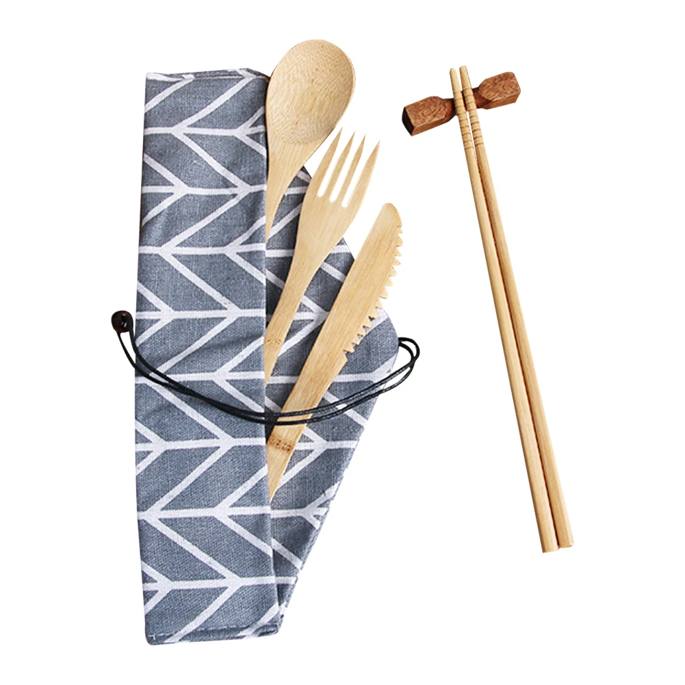 

Набор столовых приборов из бамбука, дорожный переносной набор столовых приборов, вилка, нож, ложка, палочки, с деревянной ручкой, для кемпинг...