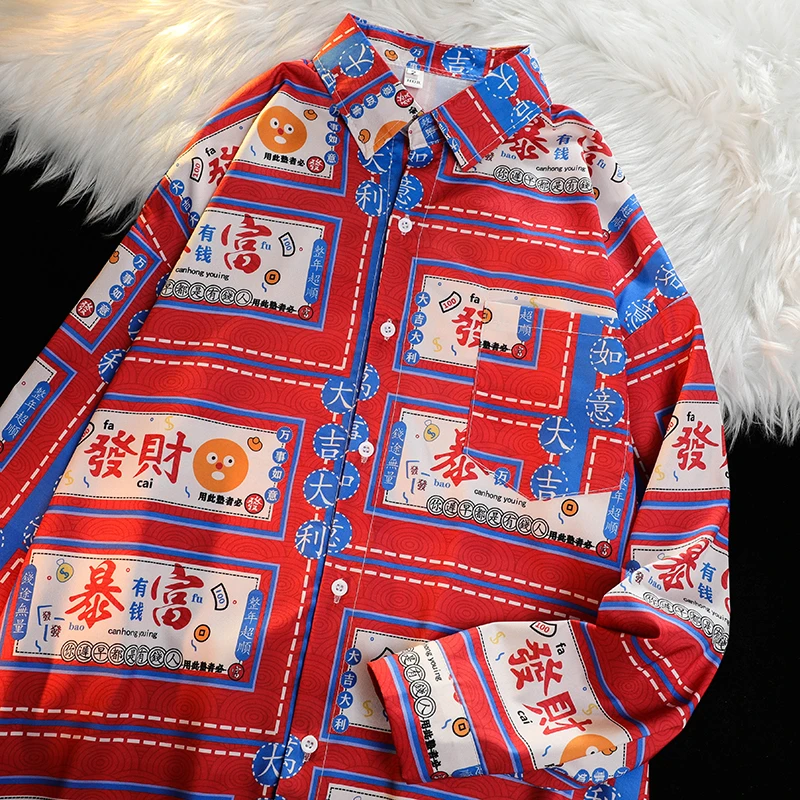 

2023 new Long sleeve Loose Hong Kong style shirt stormy tops outerwear Shirts y2k tide Chinoiserie get rich print Chinese