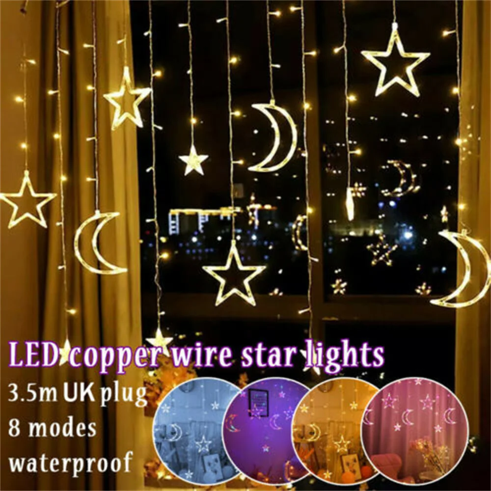

LED Icicle Star Moon Lamp Fairy Curtain String Lights Garland Eid Mubarak Lights Decor for Room Home Wedding Party Window Decor