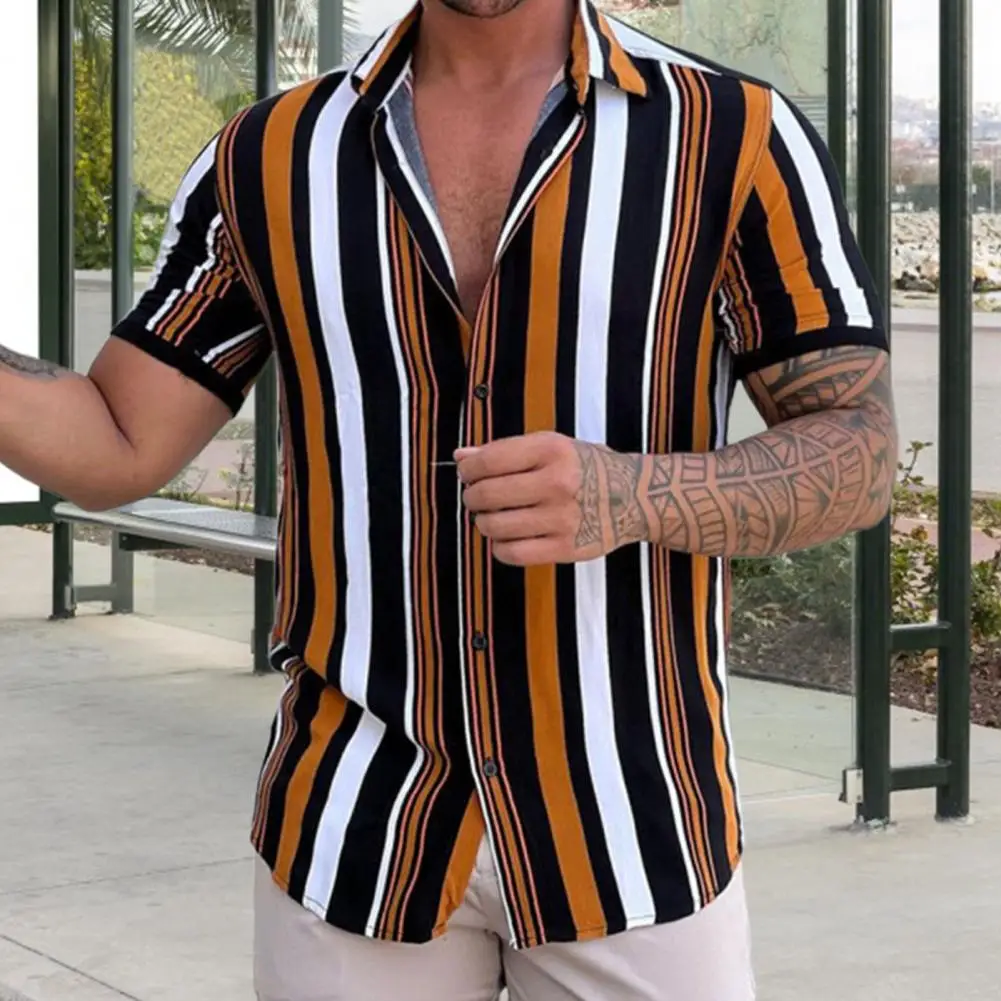 

Loose Type Stylish Lapel Easy to Match Men Shirt Soft Fabric Shirt Stripe Print Male Clothes