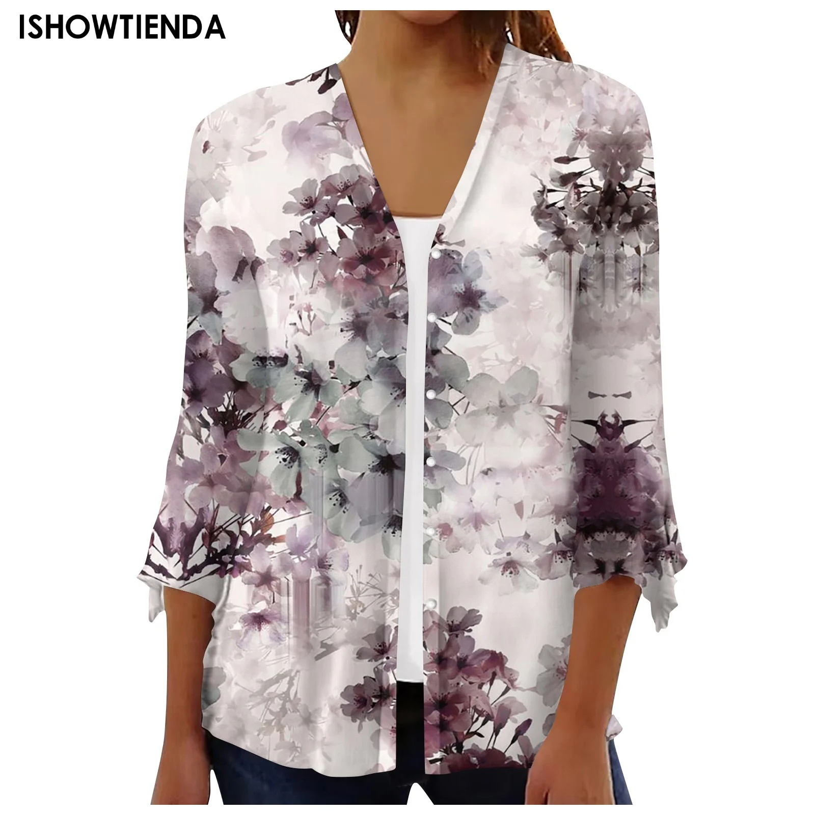 

Женская блузка с длинным рукавом, элегантный однотонный кардиган с цветочным принтом, рубашка, летние свободные топы, уличная одежда, Женская Повседневная однобортная рубашка