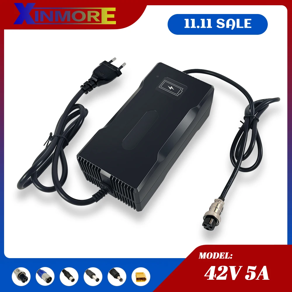 Быстрое зарядное устройство XINMORE для литий-ионных аккумуляторов 42 в, 5 А, 10 с охлаждающими вентиляторами для электрического скутера, безопасное и стабильное, с выходной вилкой