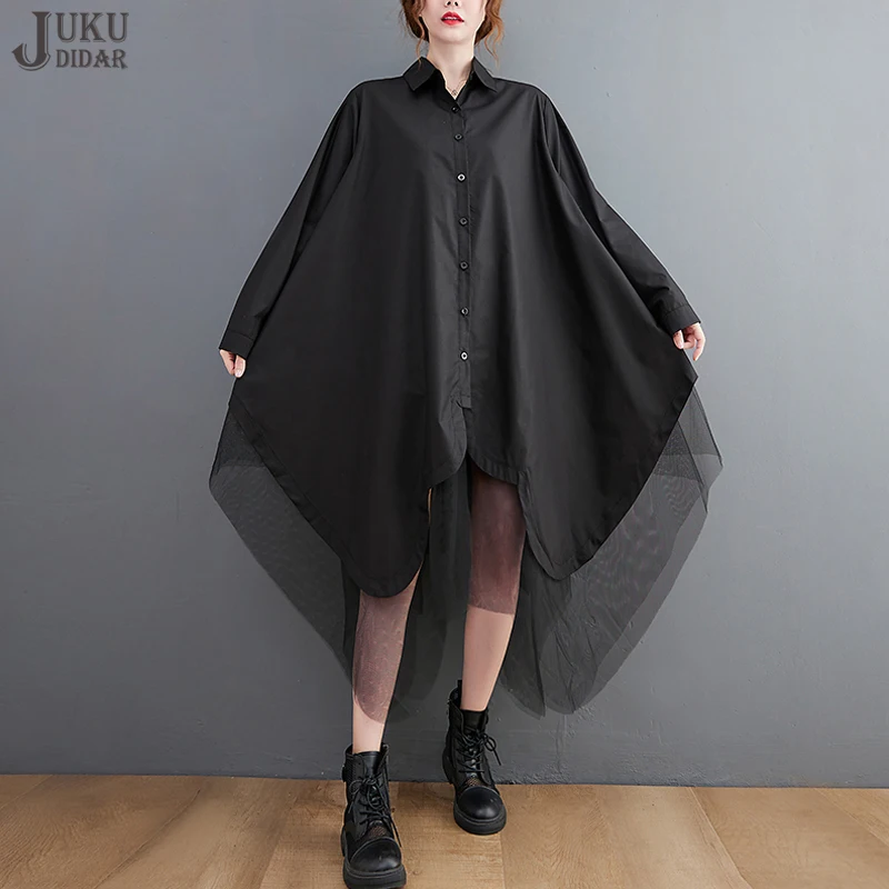 

Женское асимметричное платье-рубашка, однотонное черное/белое платье с сеткой в японском стиле, свободное асимметричное платье, ljxd275, для ос...