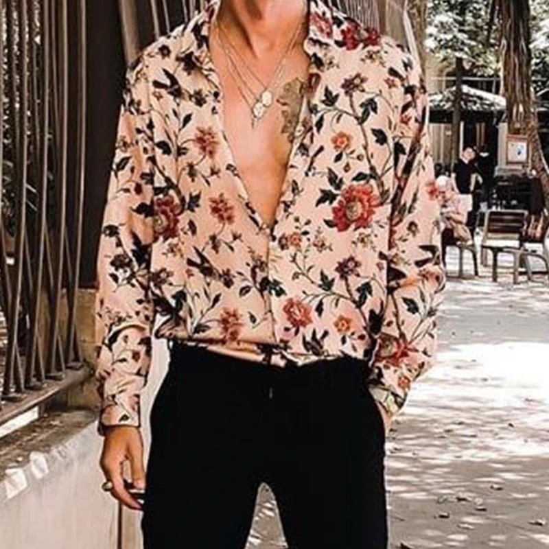 

European and American Men Shirts Casual Holiday Party Hawaii Style Handsome Boyfriend Floral Printing Long Sleeve Daily Chic