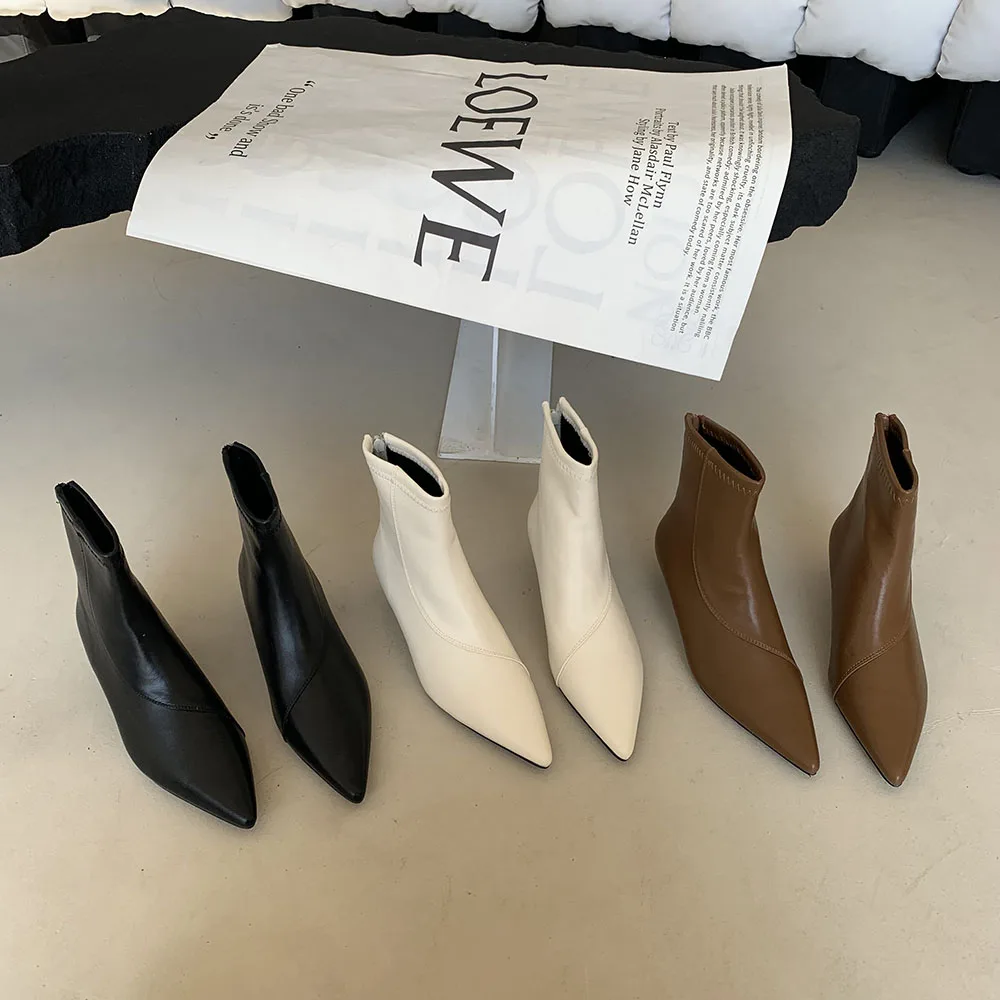 

Pointed Toe Women Ankle Boots 2022 New Arrivals Black Beige Brown Back Zipper Sock Booties Fashion Autumn Spring Stretch Boots