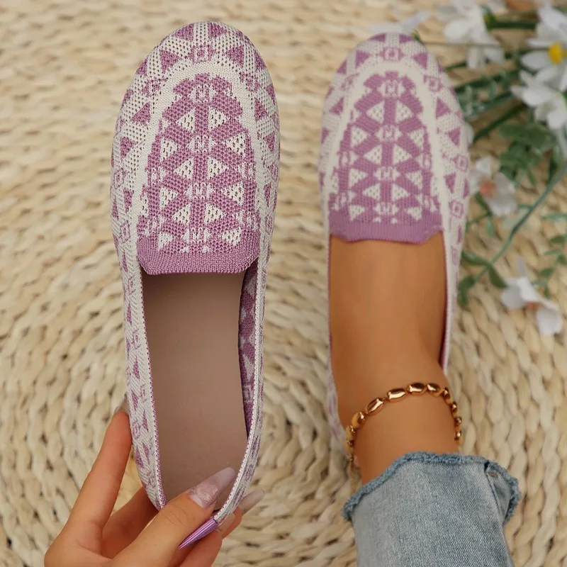 Туфли женские с круглым носком однотонные вязаные геометрическим рисунком