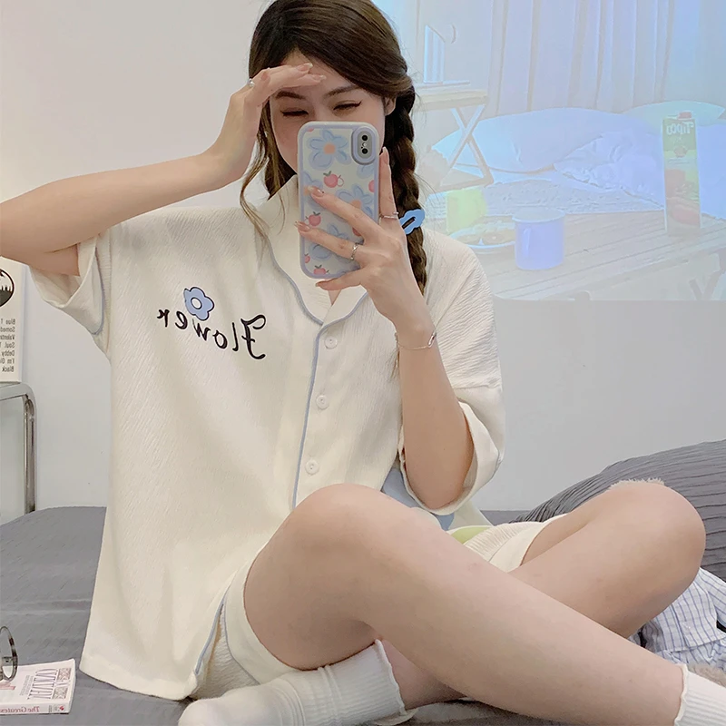 Summer Women Pajama Sets Adult Flower Printing Sleepwear Cotton Short Sleeve Pyjama Pour Femme Sweet Girl Homewear Pijama