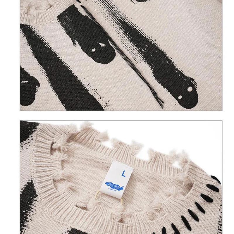 Свитер мужской в стиле хип-хоп уличная одежда Y2K гранж рваный вязаный джемпер