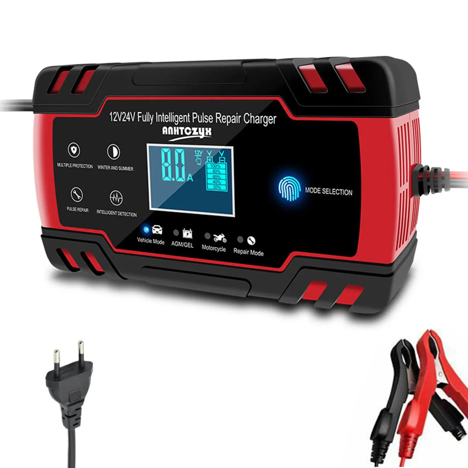 Car Battery Charger 12/24V 4/8A Screen Pulse Repair LCD Fast Power Charging Wet Dry Lead Acid Digital LCD Display