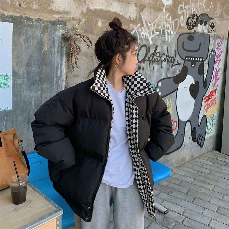 Winter Warm Parka Coat Women'S Retro Plaid Thick Jacket Casual Streetwear Zipper Stand Collar Fashion Cotton Jacket
