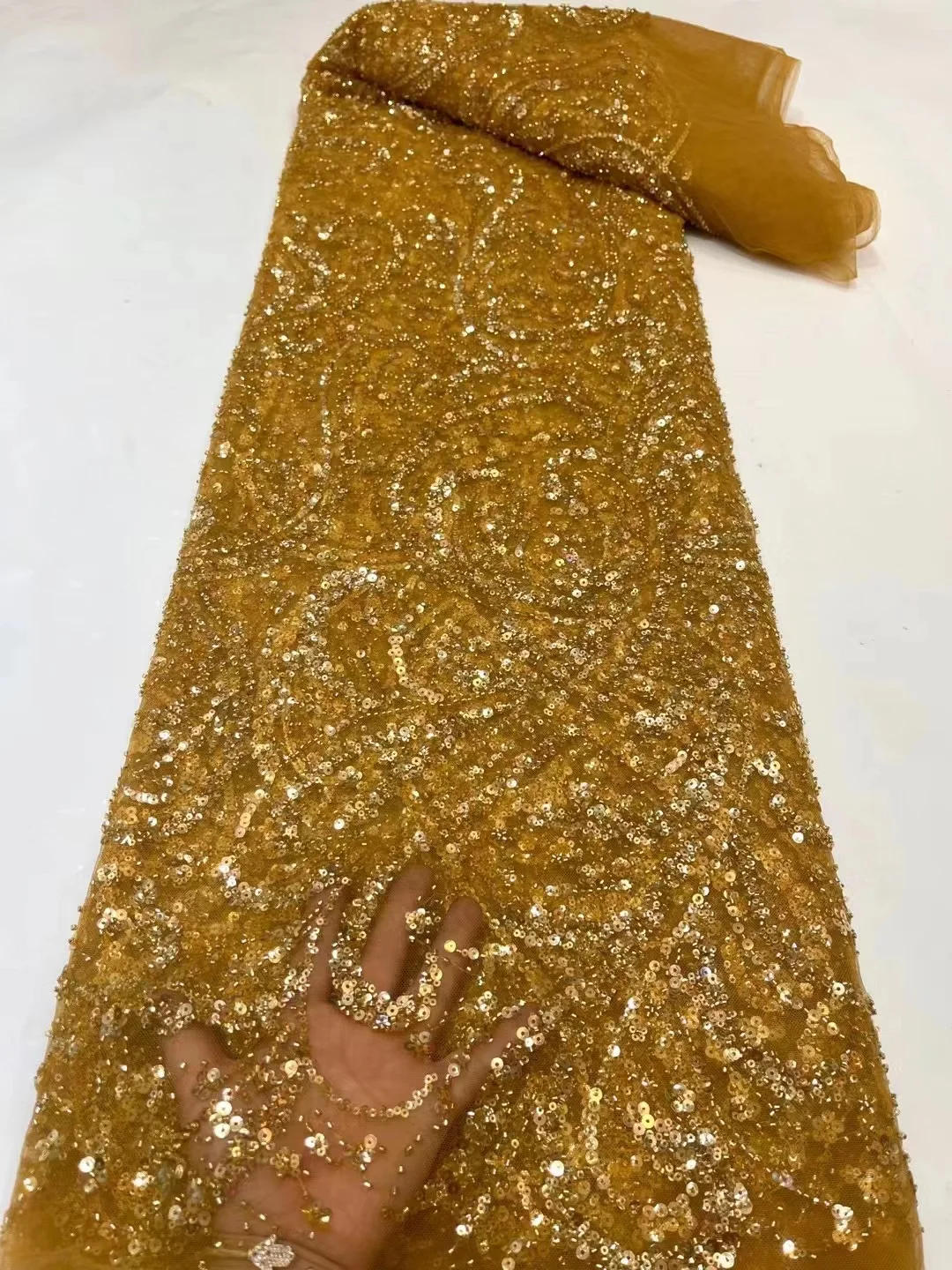 

High Quality African Nigerian Tulle Lace Fabric With Sequins Embroidery Sewing Guipure Net Cloth Prom Dresses Beads 5yard QF0455