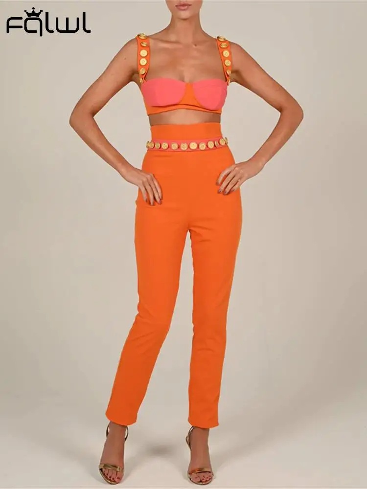 

FQLWL Summer Sexy Two 2 Piece Sets Womens Outfits 2022 Sleeveless Strap Crop Top Sequined Pants Pink White Matching Sets Female