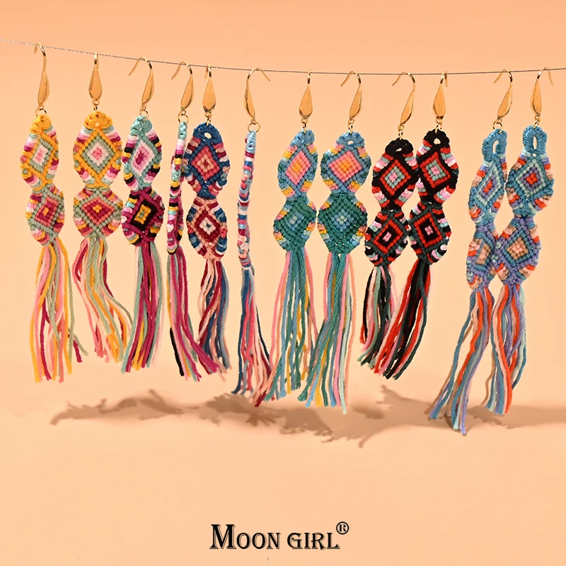 

Bohemian Tassel Weave Stainless Steel Hoop Earring Fashion Handmade Cotton Thread Long Earring for Women Beach Travel Jewelry