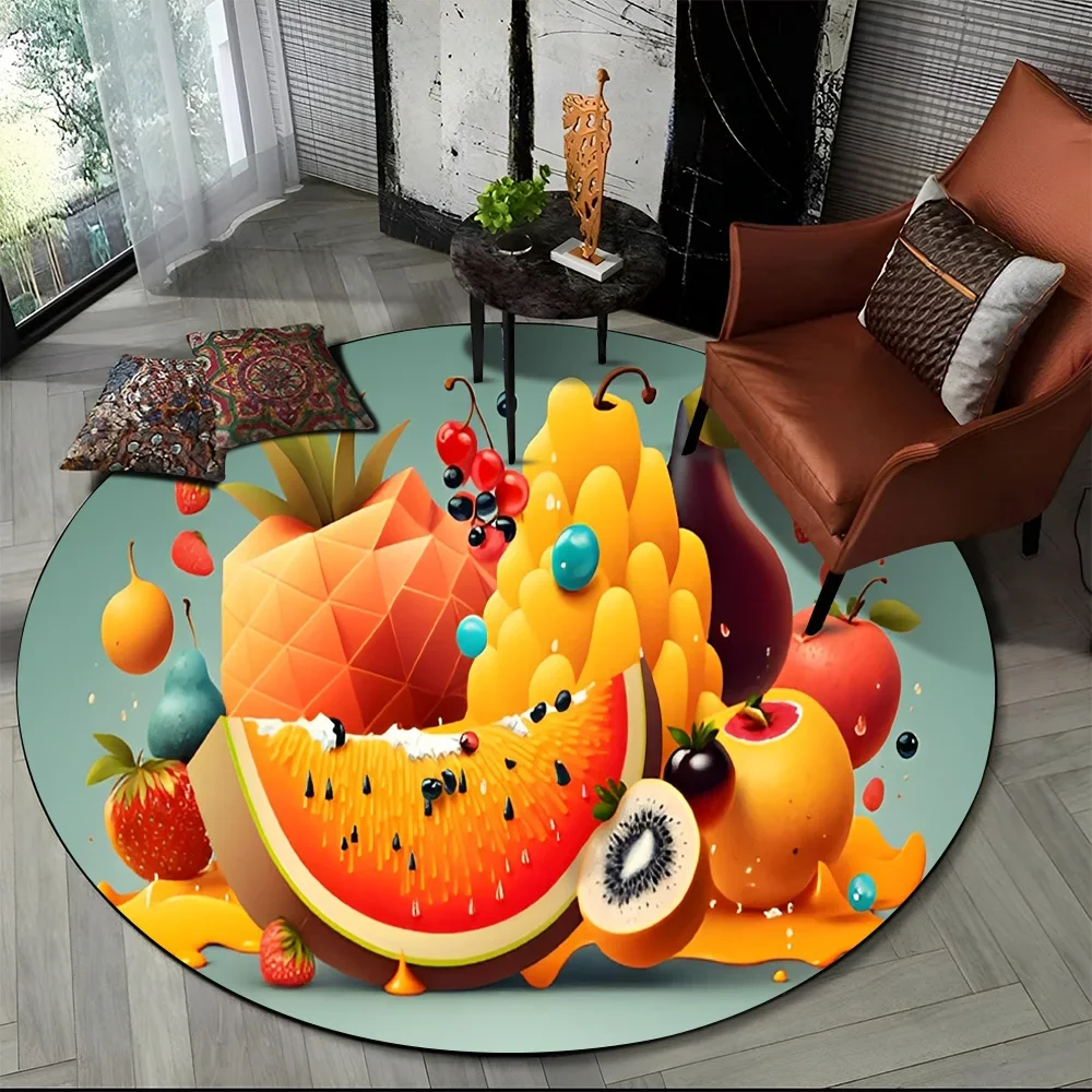 3D Cute Tropical Fruits Cartoon HD Round Carpet Rug for Living Room Bedroom Child Playroom Decor Pet Area Non-slip Floor Mat