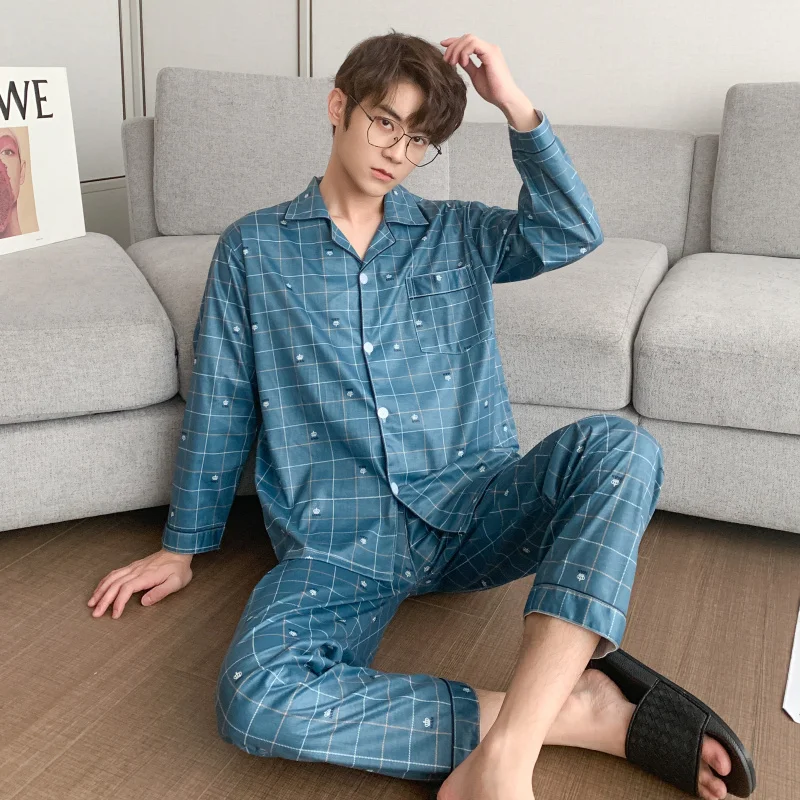 CAIYIER Autumn Winter Pajamas Set For Men Grid Print Long Sleeve Cardigan Casual Sleepwear Male Simple Leisure Homewear XL-3XL