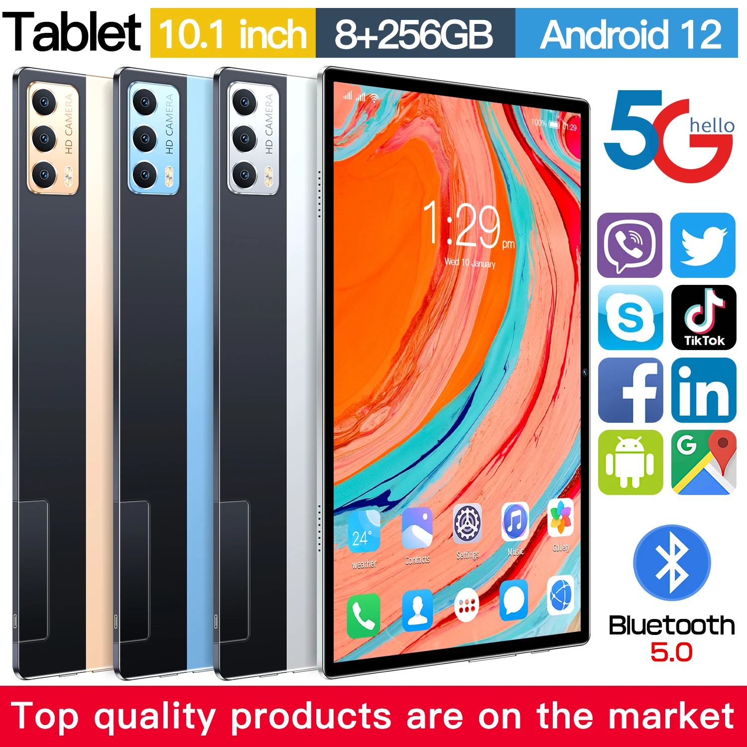 

2023 Global Version 10 Core 10.1 Inch Tablet Pc 8GB RAM 256GB ROM 1200*800IPS Dual Sim 4G/5G Tablets Android 12